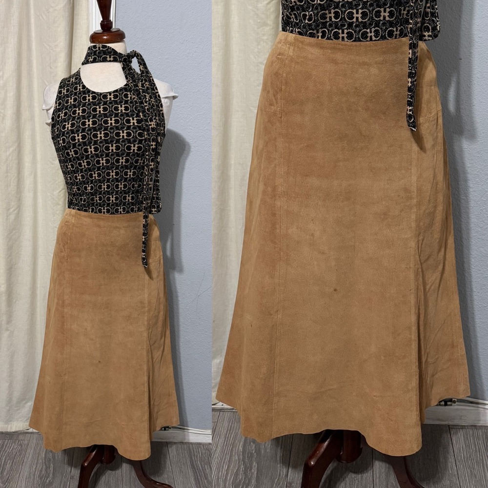 Anonymous John Carlisle‎ Tan Suede Leather A-Line Midi Skirt Size 14 Camel Brown